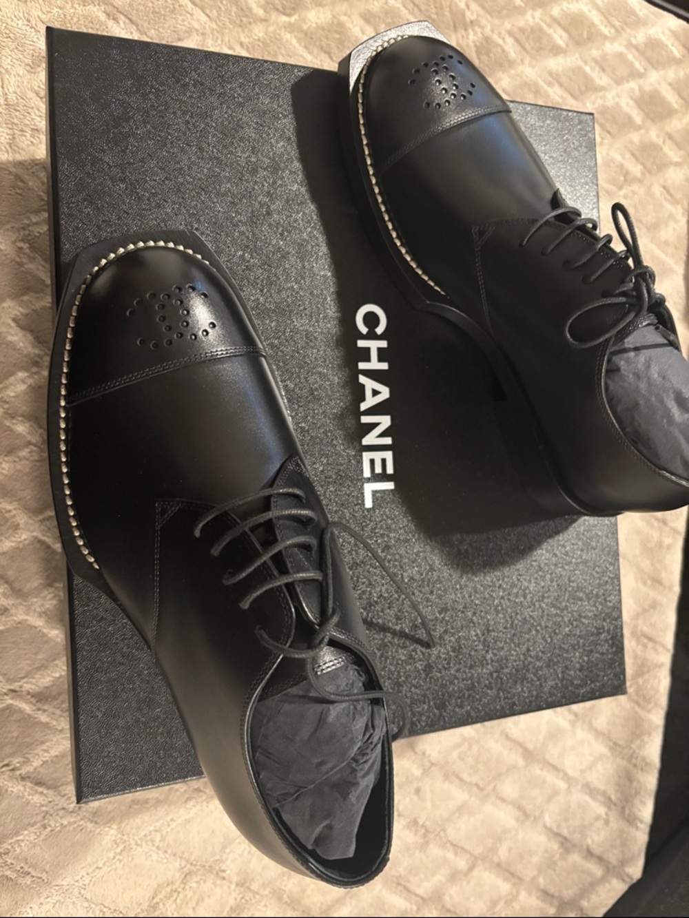 CHANEL Black Leather Derby Shoes with Silver Stud Trim